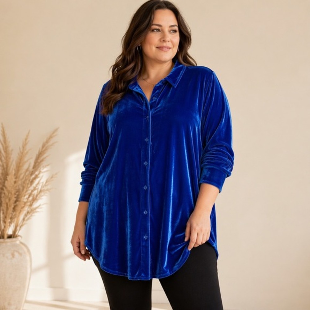 Soft Surroundings Velvet‎ Tunic Top 1X Sapphire Blue Luxe Longline Button Front